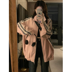 美式麂皮絨棒球服外套女2025春秋季新款高街oversize拼接開衫衛衣