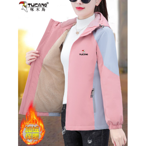 啄木鳥加絨沖鋒衣外套女士秋冬2025新款時尚加厚保暖連帽夾克上衣 啄木鳥加絨沖鋒衣外套女士秋冬2025新款時尚加厚保暖連帽夾克上衣