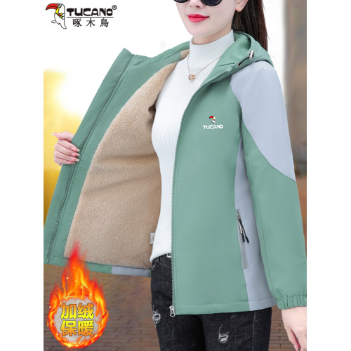 啄木鳥加絨沖鋒衣外套女士秋冬2025新款時尚加厚保暖連帽夾克上衣 啄木鳥加絨沖鋒衣外套女士秋冬2025新款時尚加厚保暖連帽夾克上衣