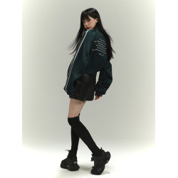 幽靈少女美式墨綠色短款運動棒球服外套女時尚洋氣時髦飛行員夾克