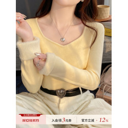 蘇三三 黃色加絨毛衣女秋冬季內搭打底衫加厚2025新款v領保暖上衣
