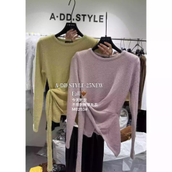 韓國東大門2025秋季新款不規則開叉綁帶長袖毛針織衫上衣