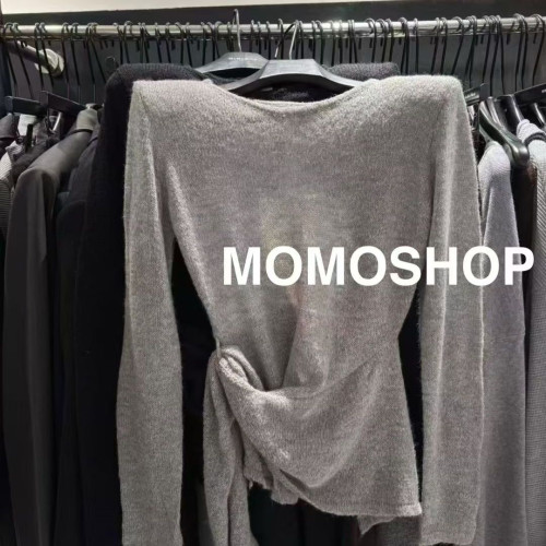 韓國東大門2025秋季新款不規則開叉綁帶長袖毛針織衫上衣 韓國東大門2025秋季新款不規則開叉綁帶長袖毛針織衫上衣