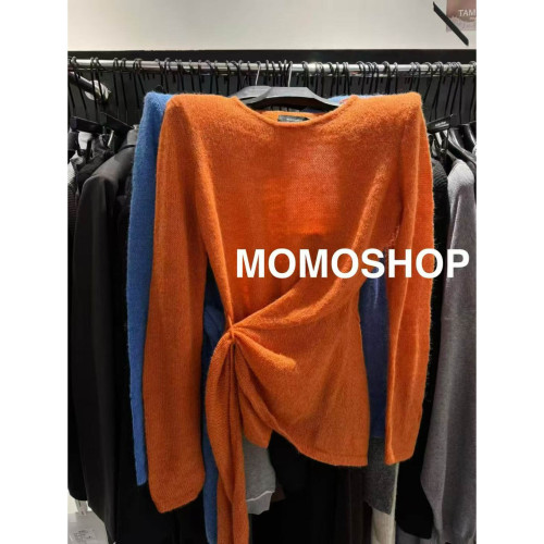 韓國東大門2025秋季新款不規則開叉綁帶長袖毛針織衫上衣 韓國東大門2025秋季新款不規則開叉綁帶長袖毛針織衫上衣