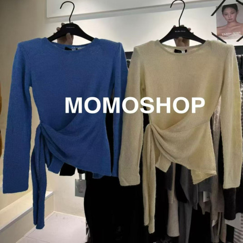 韓國東大門2025秋季新款不規則開叉綁帶長袖毛針織衫上衣 韓國東大門2025秋季新款不規則開叉綁帶長袖毛針織衫上衣