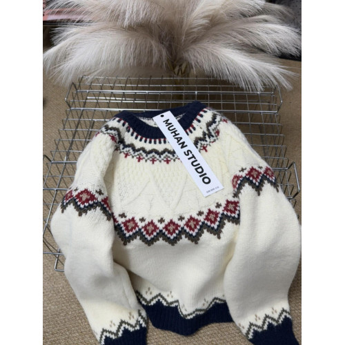 慵懶白色費爾島毛衣女秋冬加厚寬松高級感可外穿內搭套頭針織上衣