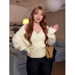 大碼純欲風蕾絲吊帶v領毛衣女2025秋冬胖mm掐腰顯瘦針織衫短上衣