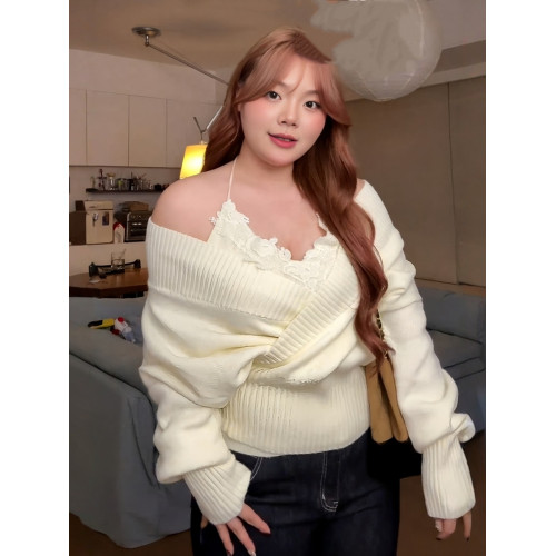 大碼純欲風蕾絲吊帶v領毛衣女2025秋冬胖mm掐腰顯瘦針織衫短上衣 大碼純欲風蕾絲吊帶v領毛衣女2025秋冬胖mm掐腰顯瘦針織衫短上衣