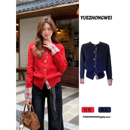 學院風格子拼接聖誕節穿搭紅色毛衣開衫女秋冬加厚慵懶風針織外套