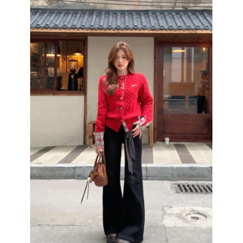 學院風格子拼接聖誕節穿搭紅色毛衣開衫女秋冬加厚慵懶風針織外套