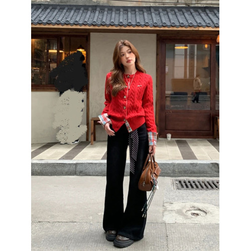 學院風格子拼接聖誕節穿搭紅色毛衣開衫女秋冬加厚慵懶風針織外套