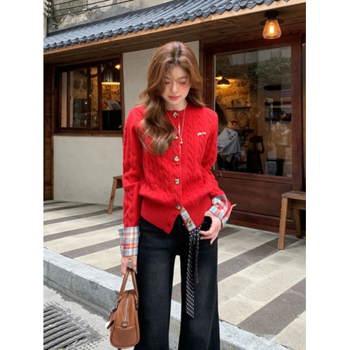 學院風格子拼接聖誕節穿搭紅色毛衣開衫女秋冬加厚慵懶風針織外套