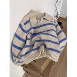 歐貨小衆藍色條紋polo翻領長袖軟糯針織衫毛衣女秋冬慵懶套頭上衣