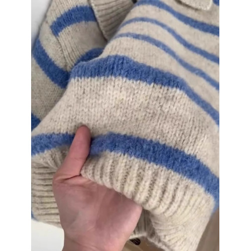 歐貨小衆藍色條紋polo翻領長袖軟糯針織衫毛衣女秋冬慵懶套頭上衣