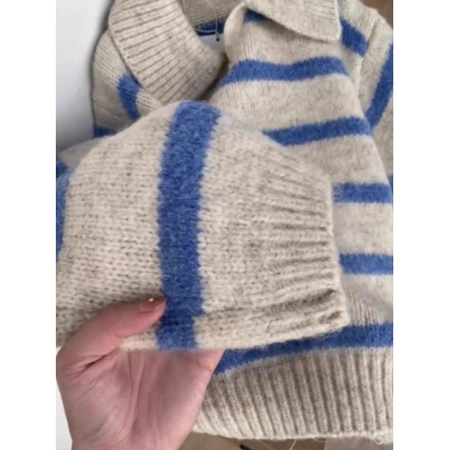 歐貨小衆藍色條紋polo翻領長袖軟糯針織衫毛衣女秋冬慵懶套頭上衣