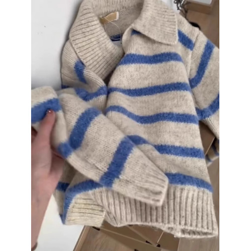 歐貨小衆藍色條紋polo翻領長袖軟糯針織衫毛衣女秋冬慵懶套頭上衣