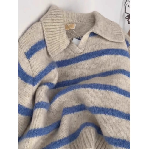 歐貨小衆藍色條紋polo翻領長袖軟糯針織衫毛衣女秋冬慵懶套頭上衣