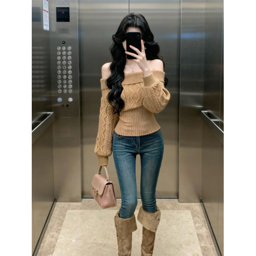 辣妹一字肩長袖毛衣女秋冬內搭可外穿套頭針織衫修身收腰打底上衣 辣妹一字肩長袖毛衣女秋冬內搭可外穿套頭針織衫修身收腰打底上衣