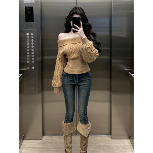 辣妹一字肩長袖毛衣女秋冬內搭可外穿套頭針織衫修身收腰打底上衣 辣妹一字肩長袖毛衣女秋冬內搭可外穿套頭針織衫修身收腰打底上衣