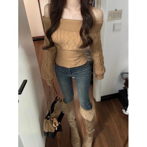 辣妹一字肩長袖毛衣女秋冬內搭可外穿套頭針織衫修身收腰打底上衣 辣妹一字肩長袖毛衣女秋冬內搭可外穿套頭針織衫修身收腰打底上衣