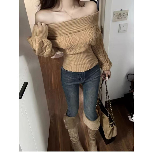 辣妹一字肩長袖毛衣女秋冬內搭可外穿套頭針織衫修身收腰打底上衣 辣妹一字肩長袖毛衣女秋冬內搭可外穿套頭針織衫修身收腰打底上衣