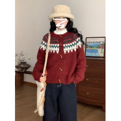 聖誕紅色費爾島毛衣外套女秋冬2025新款慵懶風高級感寬松針織上衣