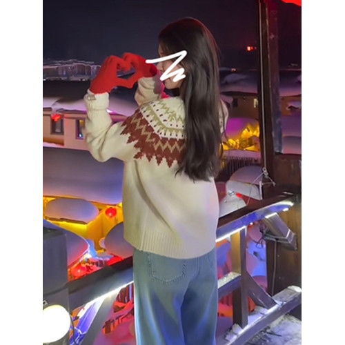 聖誕紅色費爾島毛衣外套女秋冬2025新款慵懶風高級感寬松針織上衣 聖誕紅色費爾島毛衣外套女秋冬2025新款慵懶風高級感寬松針織上衣