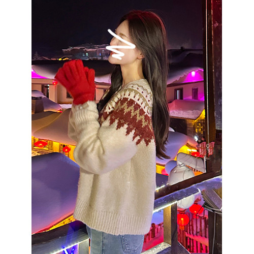 聖誕紅色費爾島毛衣外套女秋冬2025新款慵懶風高級感寬松針織上衣 聖誕紅色費爾島毛衣外套女秋冬2025新款慵懶風高級感寬松針織上衣