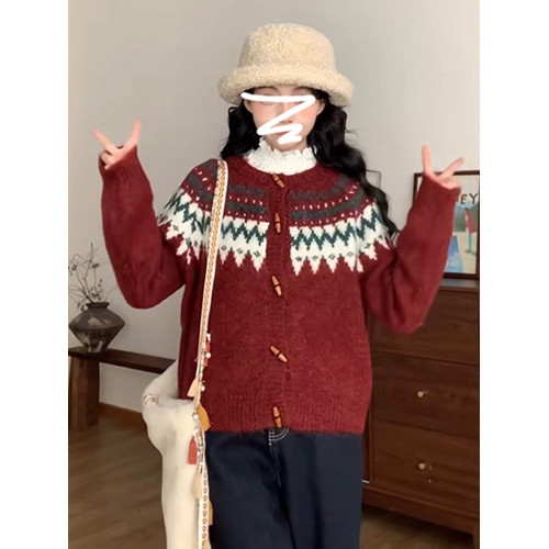 聖誕紅色費爾島毛衣外套女秋冬2025新款慵懶風高級感寬松針織上衣 聖誕紅色費爾島毛衣外套女秋冬2025新款慵懶風高級感寬松針織上衣