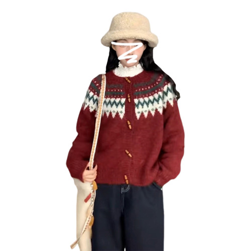 聖誕紅色費爾島毛衣外套女秋冬2025新款慵懶風高級感寬松針織上衣 聖誕紅色費爾島毛衣外套女秋冬2025新款慵懶風高級感寬松針織上衣