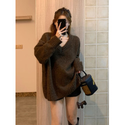 秋冬軟糯V領套頭寬松外穿慵懶風咖色美拉德中長款大毛衣針織上衣