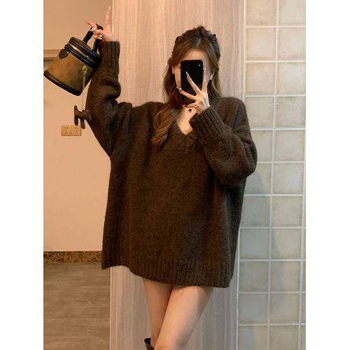 秋冬軟糯V領套頭寬松外穿慵懶風咖色美拉德中長款大毛衣針織上衣 秋冬軟糯V領套頭寬松外穿慵懶風咖色美拉德中長款大毛衣針織上衣