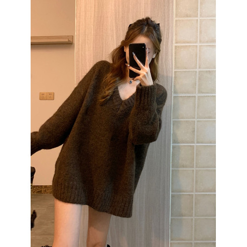 秋冬軟糯V領套頭寬松外穿慵懶風咖色美拉德中長款大毛衣針織上衣 秋冬軟糯V領套頭寬松外穿慵懶風咖色美拉德中長款大毛衣針織上衣