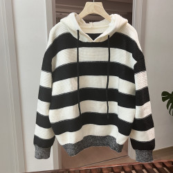 日系條紋連帽針織衫女寬松顯瘦百搭毛衣休閒風上衣外套