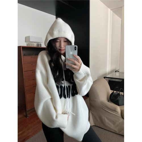 字母灰色連帽套頭毛衣女秋冬新款復古針織衫慵懶寬松長袖上衣ins 字母灰色連帽套頭毛衣女秋冬新款復古針織衫慵懶寬松長袖上衣ins