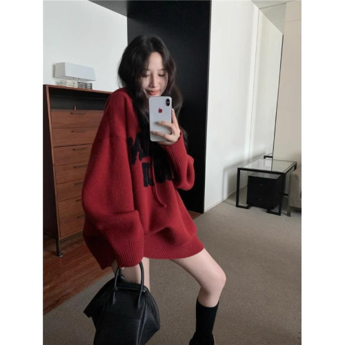 字母灰色連帽套頭毛衣女秋冬新款復古針織衫慵懶寬松長袖上衣ins 字母灰色連帽套頭毛衣女秋冬新款復古針織衫慵懶寬松長袖上衣ins