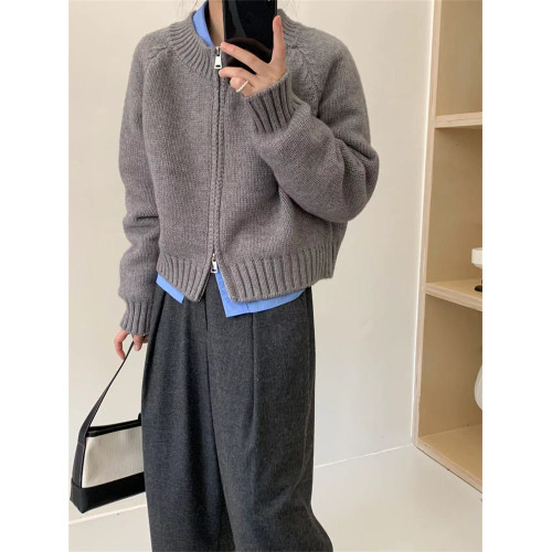 慵懶風雙拉鍊毛衣外套女2025秋冬短款設計感小衆簡約韓系針織開衫 慵懶風雙拉鍊毛衣外套女2025秋冬短款設計感小衆簡約韓系針織開衫