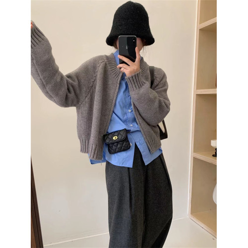 慵懶風雙拉鍊毛衣外套女2025秋冬短款設計感小衆簡約韓系針織開衫 慵懶風雙拉鍊毛衣外套女2025秋冬短款設計感小衆簡約韓系針織開衫