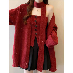 亮閃閃飄帶掛脖紅色毛衣外套女冬大碼胖mm吊帶背心針織開衫兩件套