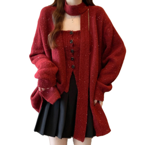 亮閃閃飄帶掛脖紅色毛衣外套女冬大碼胖mm吊帶背心針織開衫兩件套 亮閃閃飄帶掛脖紅色毛衣外套女冬大碼胖mm吊帶背心針織開衫兩件套