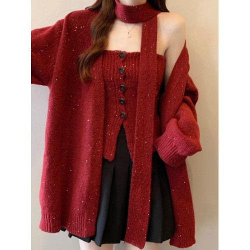 亮閃閃飄帶掛脖紅色毛衣外套女冬大碼胖mm吊帶背心針織開衫兩件套 亮閃閃飄帶掛脖紅色毛衣外套女冬大碼胖mm吊帶背心針織開衫兩件套