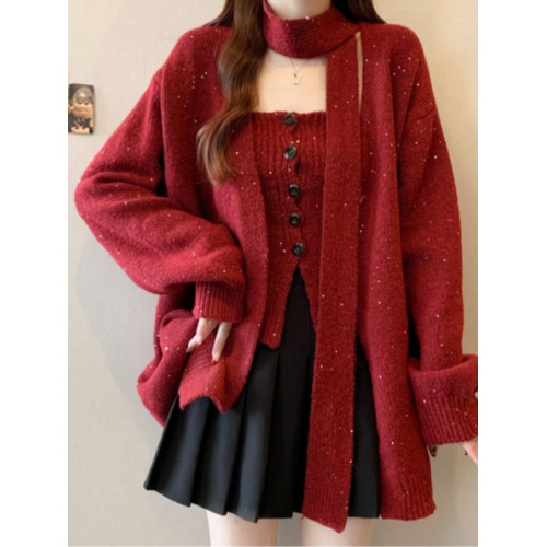 亮閃閃飄帶掛脖紅色毛衣外套女冬大碼胖mm吊帶背心針織開衫兩件套 亮閃閃飄帶掛脖紅色毛衣外套女冬大碼胖mm吊帶背心針織開衫兩件套