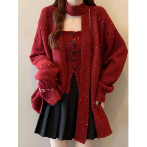 亮閃閃飄帶掛脖紅色毛衣外套女冬大碼胖mm吊帶背心針織開衫兩件套 亮閃閃飄帶掛脖紅色毛衣外套女冬大碼胖mm吊帶背心針織開衫兩件套