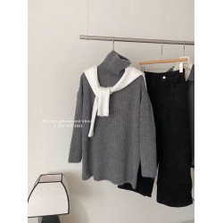 復古寬松慵懶風高領保暖毛衣女秋冬新款中長款內搭針織打底衫上衣