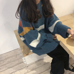 胖MM港風日系古著慵懶寬松彩虹毛衣女森系秋冬小個子外穿加厚毛衫