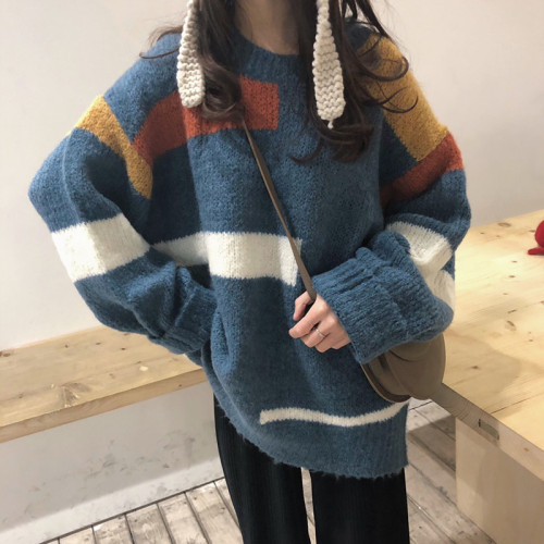 胖MM港風日系古著慵懶寬松彩虹毛衣女森系秋冬小個子外穿加厚毛衫 胖MM港風日系古著慵懶寬松彩虹毛衣女森系秋冬小個子外穿加厚毛衫