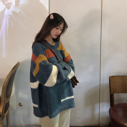 胖MM港風日系古著慵懶寬松彩虹毛衣女森系秋冬小個子外穿加厚毛衫 胖MM港風日系古著慵懶寬松彩虹毛衣女森系秋冬小個子外穿加厚毛衫