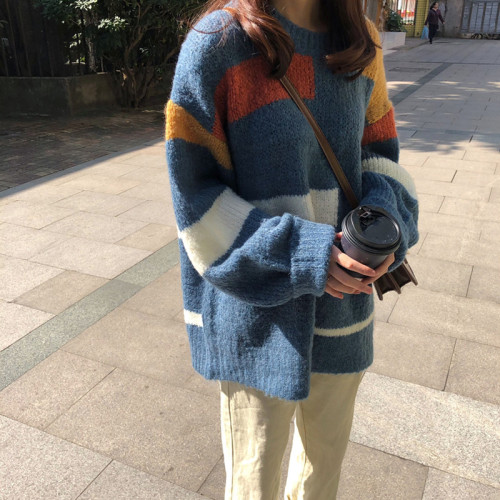 胖MM港風日系古著慵懶寬松彩虹毛衣女森系秋冬小個子外穿加厚毛衫 胖MM港風日系古著慵懶寬松彩虹毛衣女森系秋冬小個子外穿加厚毛衫