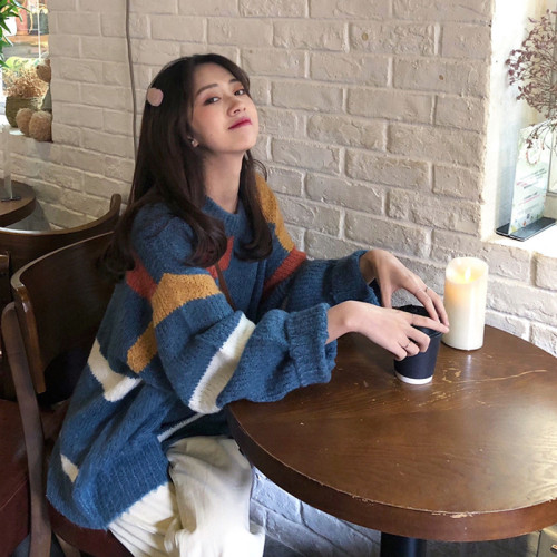 胖MM港風日系古著慵懶寬松彩虹毛衣女森系秋冬小個子外穿加厚毛衫 胖MM港風日系古著慵懶寬松彩虹毛衣女森系秋冬小個子外穿加厚毛衫