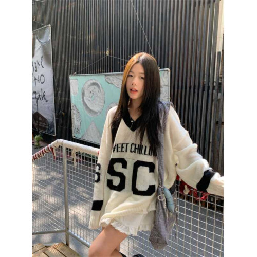 白色毛衣女早秋慵懶高級感v領上衣寬松運動風字母提花套頭針織衫 白色毛衣女早秋慵懶高級感v領上衣寬松運動風字母提花套頭針織衫